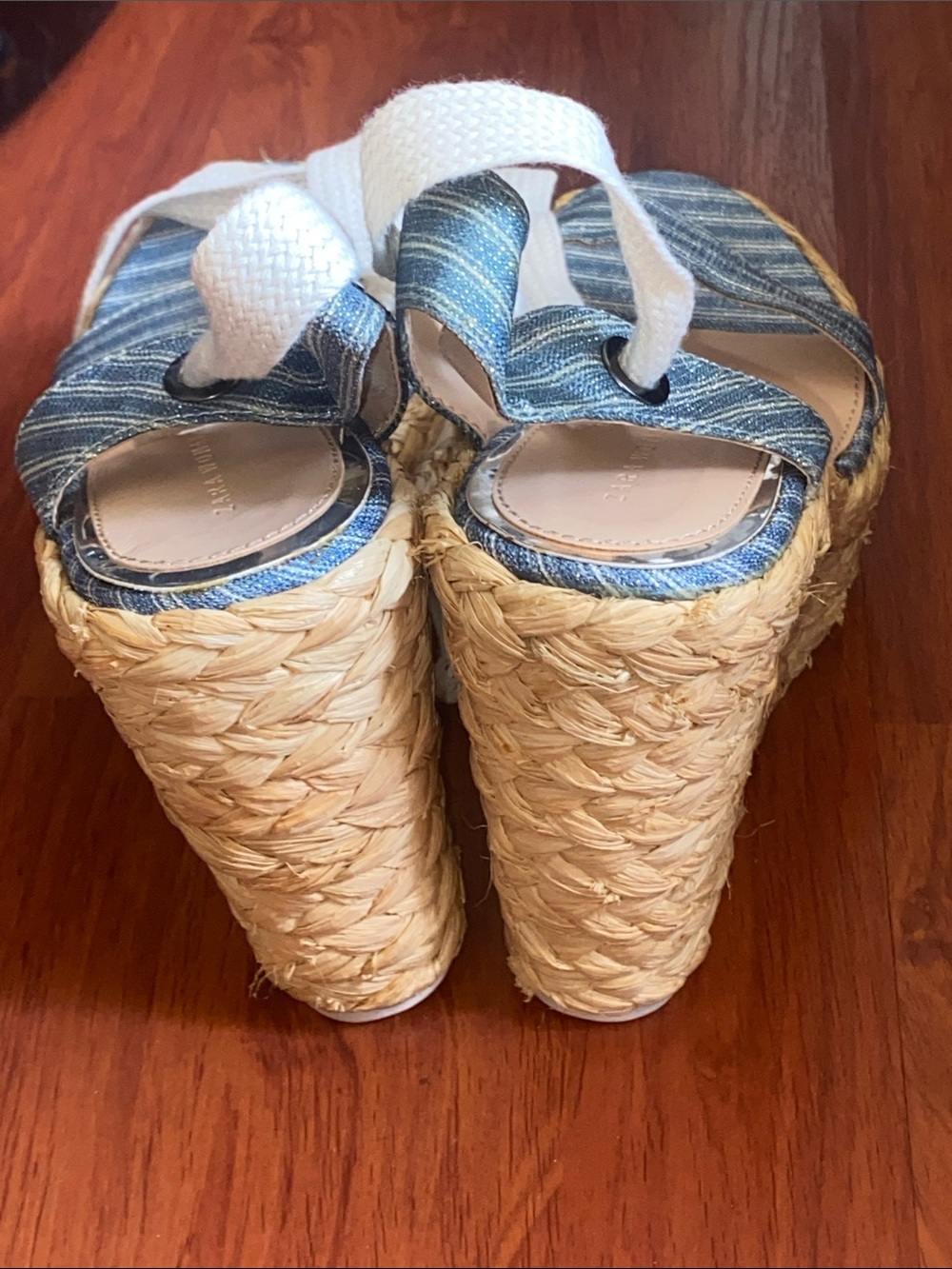 Zara Blue Striped Espadrille Wedge Sandals with Cream Ankle Ties Size 9 - Picture 6 of 8